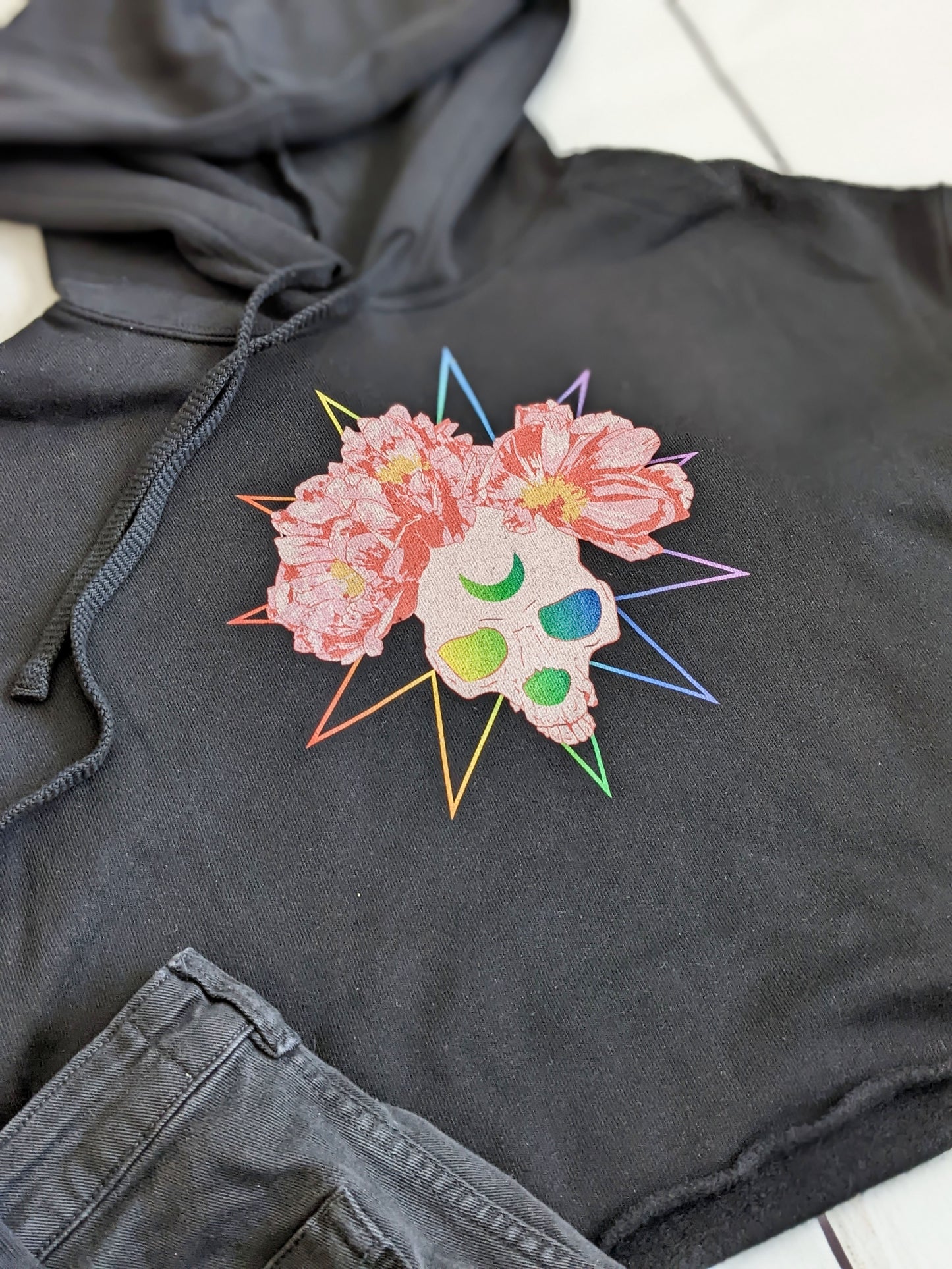 Rainbow Peony Skull Cropped Hoodie