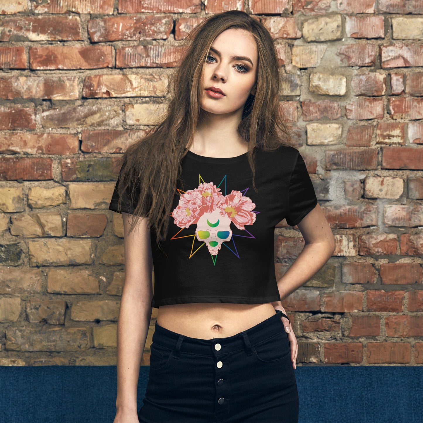 Rainbow Peony Skull Cropped Tee: