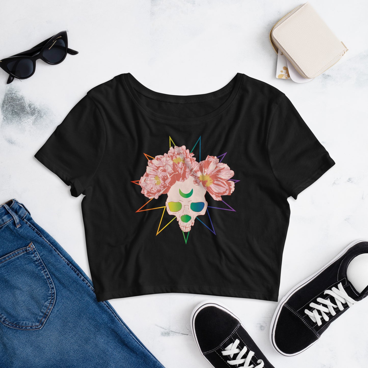 Rainbow Peony Skull Cropped Tee: