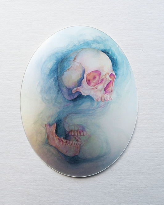 A Sigh of Disconnection: Watercolor Skull Holographic Sticker by Emerald Barkley