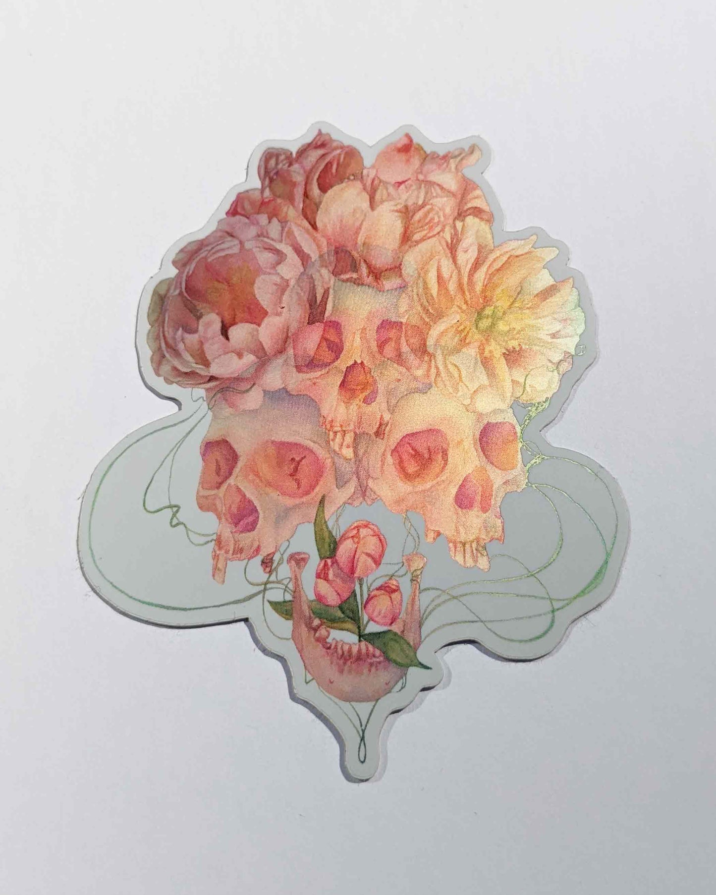 Speak Sweetly and with a Tender Tongue – Skull and Peony Holo Sticker